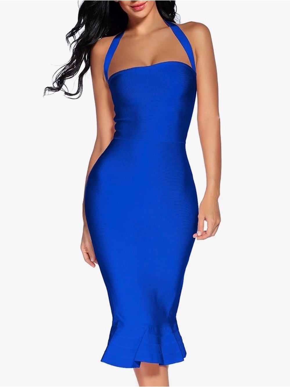 Sleeveless Royal Blue Halter Midi Dress